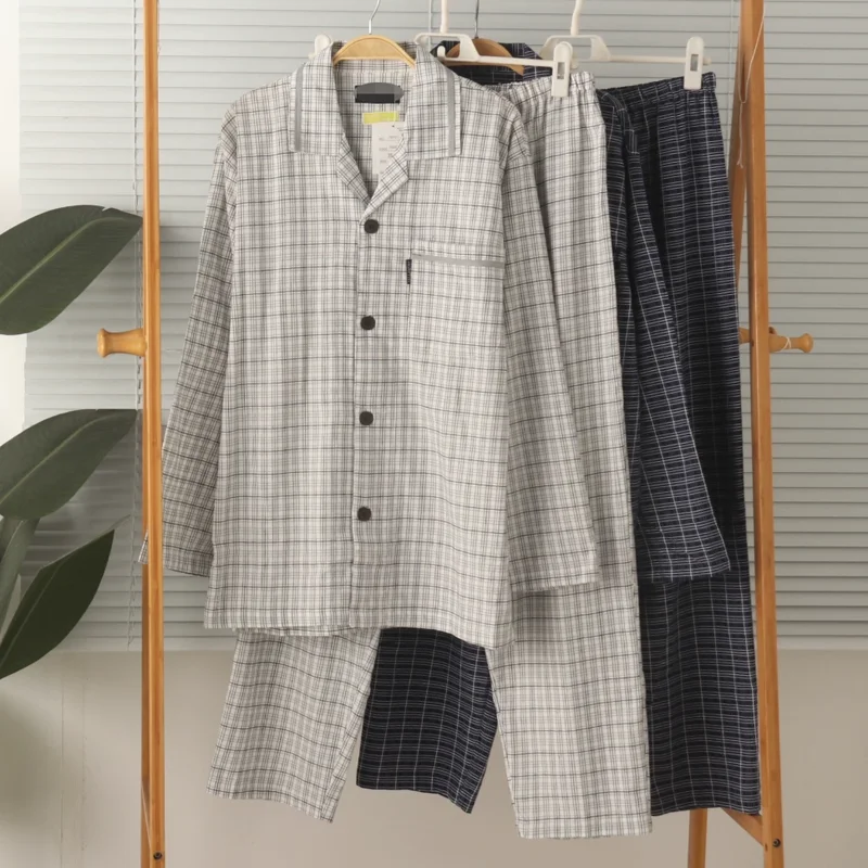 

Весенне-осенний мужской пижамный комплект, тканый хлопок с длинными рукавами, 100% удобная домашняя одежда, ночная рубашка, мужская одежда для сна для отдыха