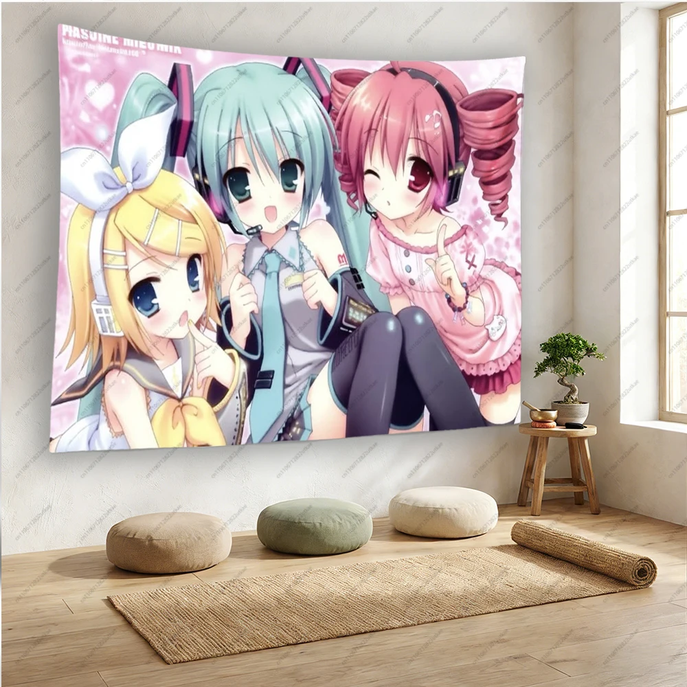 Cute Pink Anime Girls Tapestry Kawaii Vocaloid Wall Hanging for Anime Room Decor
