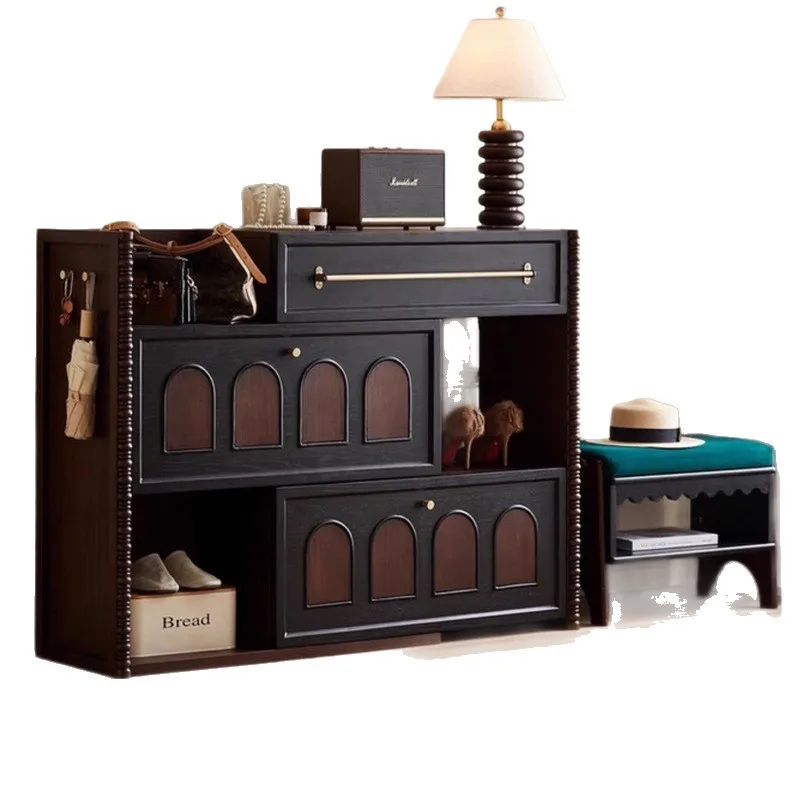 

Шкаф для обуви из цельного дерева во французском стиле ретро, вращающееся телескопическое хранилище, новый дом знаменитостей, прихожая в античном стиле