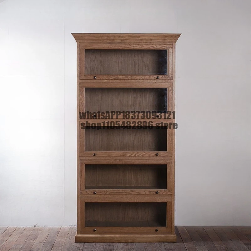 

American French Country White Oak Bookcase Solid Wood Retro Old Storage Glass Cabinet