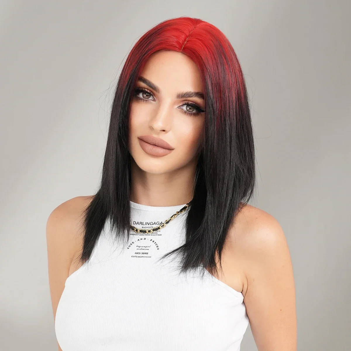 Shoulder Length Red Ombre Black Wig for Women Daily High Density Synthetic Shoulder Length Middle Part Wig Halloween Cosplay