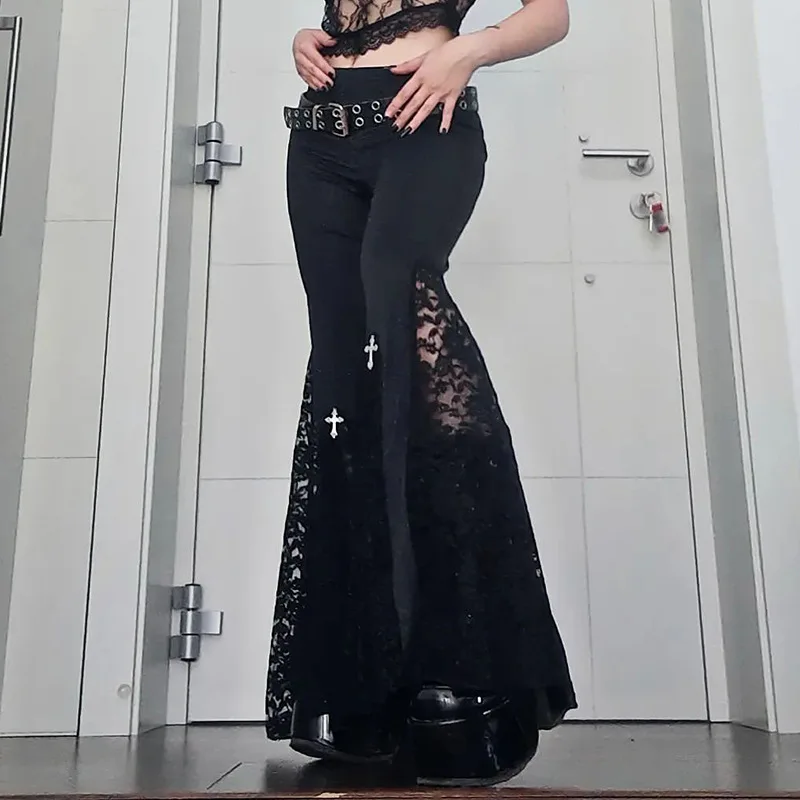

Flare Pants Women Punk Floor Length High Waist Lace Patchwork Hollow Out Boot Cut Streetwear Y2k Spring Summer 2026 Trousers