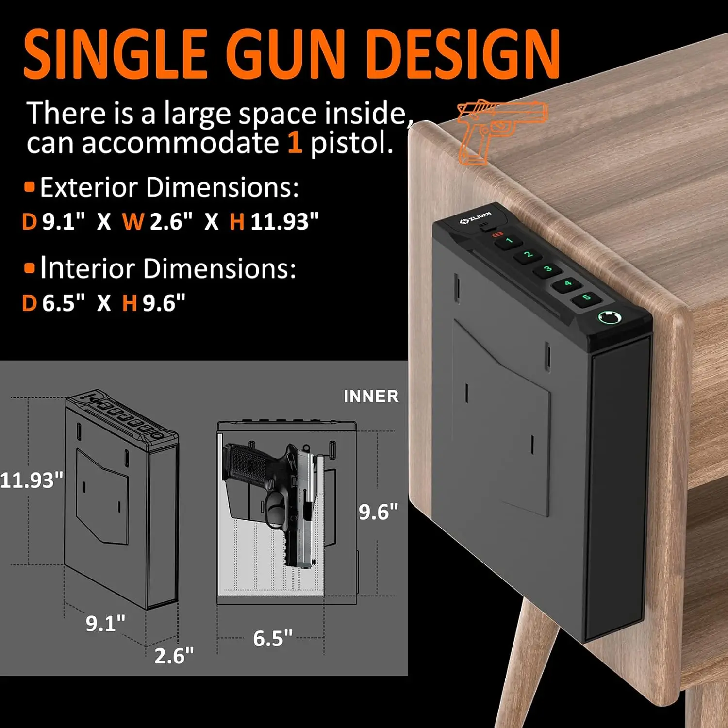 Mounted Gun Safe for Pistols,Quick-Access Auto-Open Sliding Door Handgun Safe for Nightstand Wall Mount Bedside Desk Bed Gun Saf