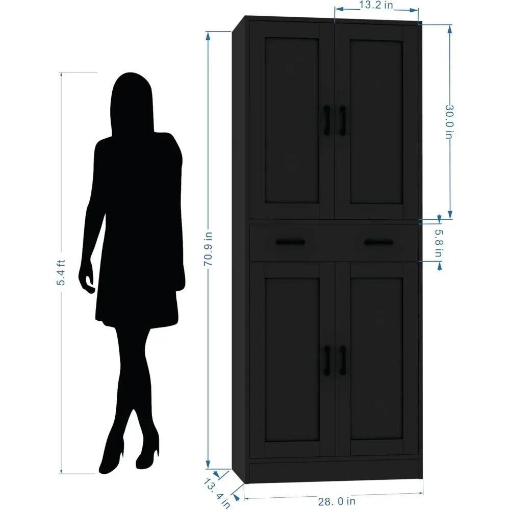 Zwarte Pantry Kast, 71 "Hoge Keuken Pantry Opbergkast Met Deuren En Lade, Vrijstaande Keuken Hok Kast Voor