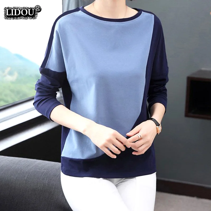 Office Lady Fashion Patchwork O-neck Skinny Long Sleeved T-shirts Spring Autumn Asymmetrical Top Popularity Women\'s Clothing