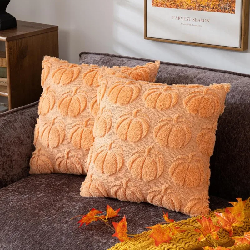 1 Uds. Fundas de almohada de otoño, decoraciones de otoño, fundas de almohada de calabaza naranja, funda de cojín de sofá de lana de piel sintética de felpa suave