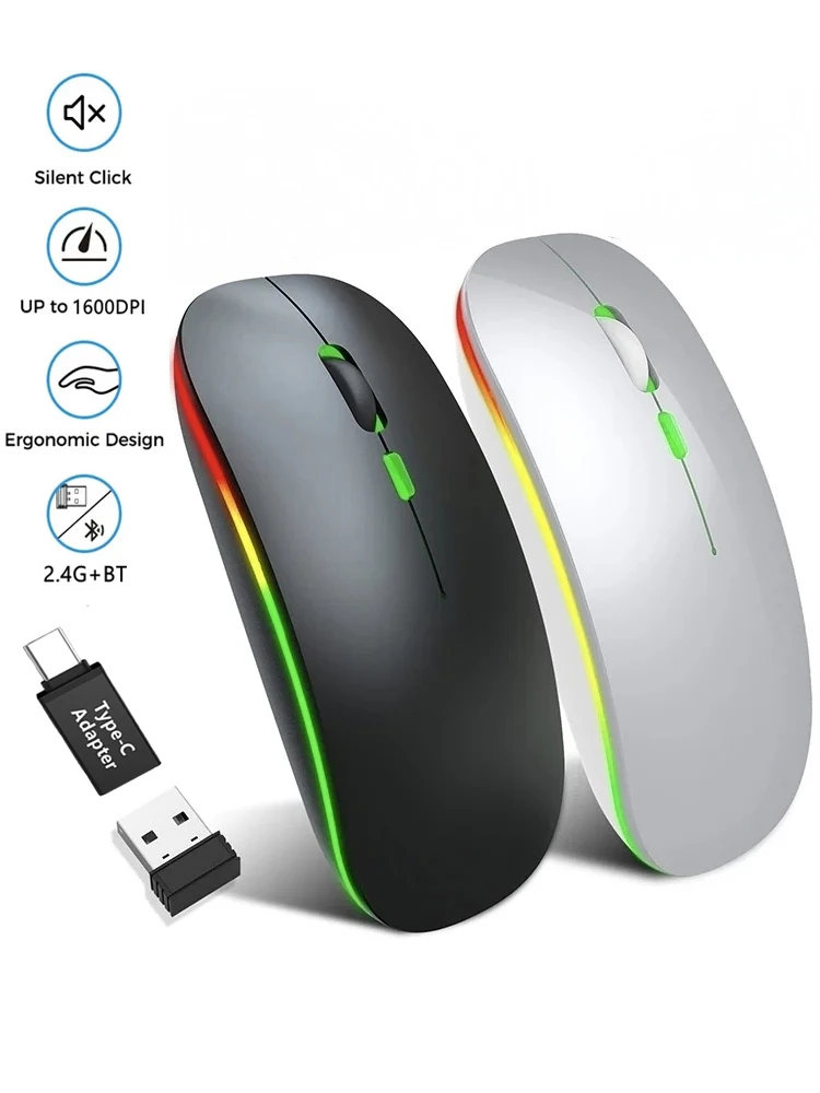Led mouse sem fio recarregável silencioso bluetooth-compatível mouse portátil modo duplo computador