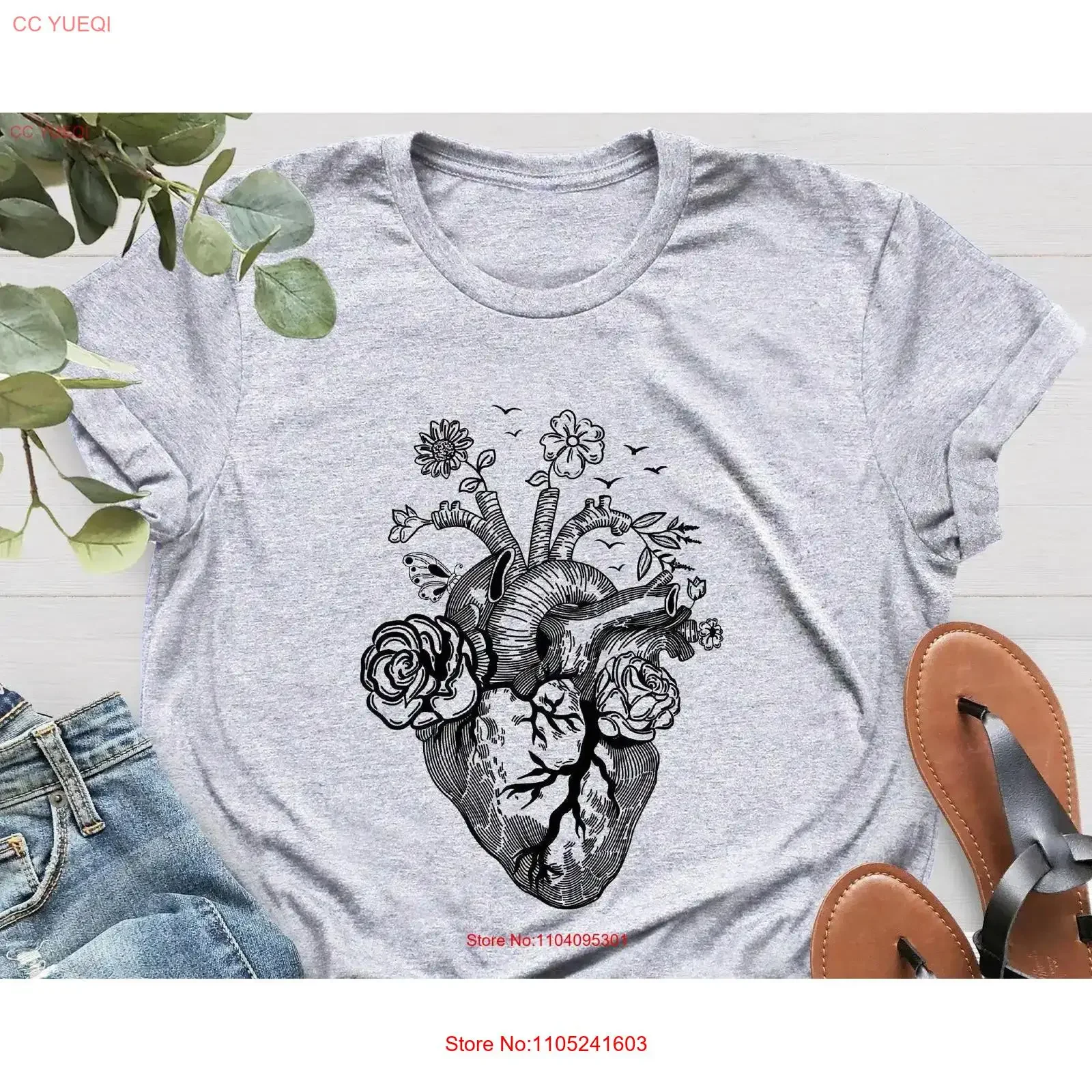 Floral Heart T Shirt Nurse Doctor Surgery Cardiac Flowers For vintage Washed Casual Unisex streetwear Stretched