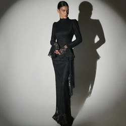Customized Black Lace High Neck Sheath Formal Evening Dress Simple Full Sleeves Zipper Straight Floor Length Party Prom Gown