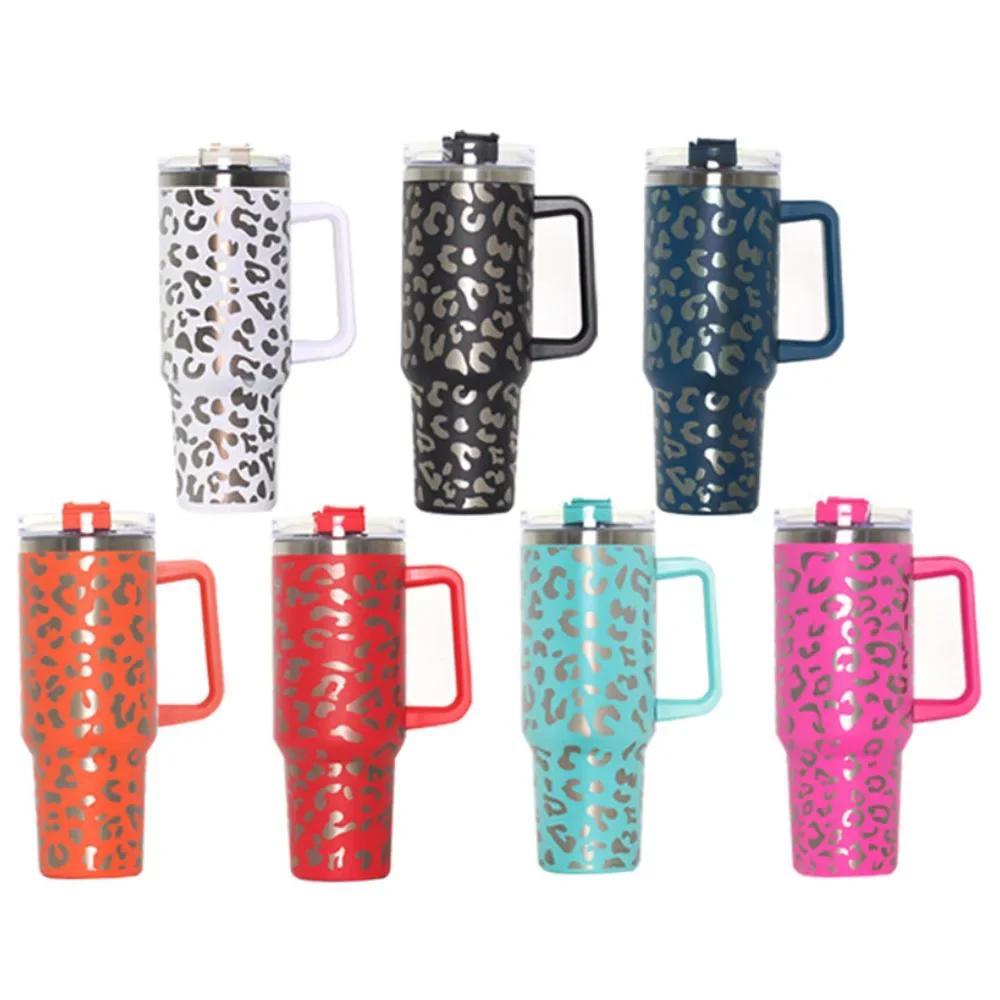 40oz Leopard Edelstahl Isolier becher tragbare Auto Wasser becher mit Deckel Stroh eiskalte Isolierung für Wasser becher Bier becher