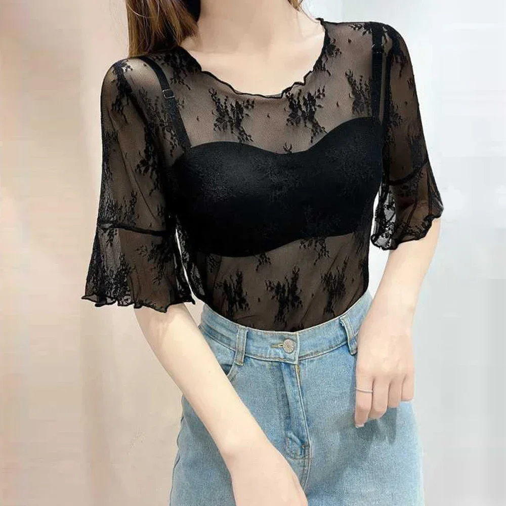 Women Flare Sleeve Transparent Flower Lace T Shirt Y2K Black White Coffee Grey T-shirt Half Sleeve O Neck Elastic Blouse Girl