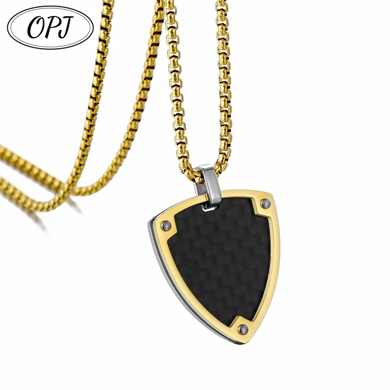 Carbon Fiber Vintage Shield Rose Gold Color Stainless Steel Pendant Necklace Men's Military Soldier Jewelry Gift