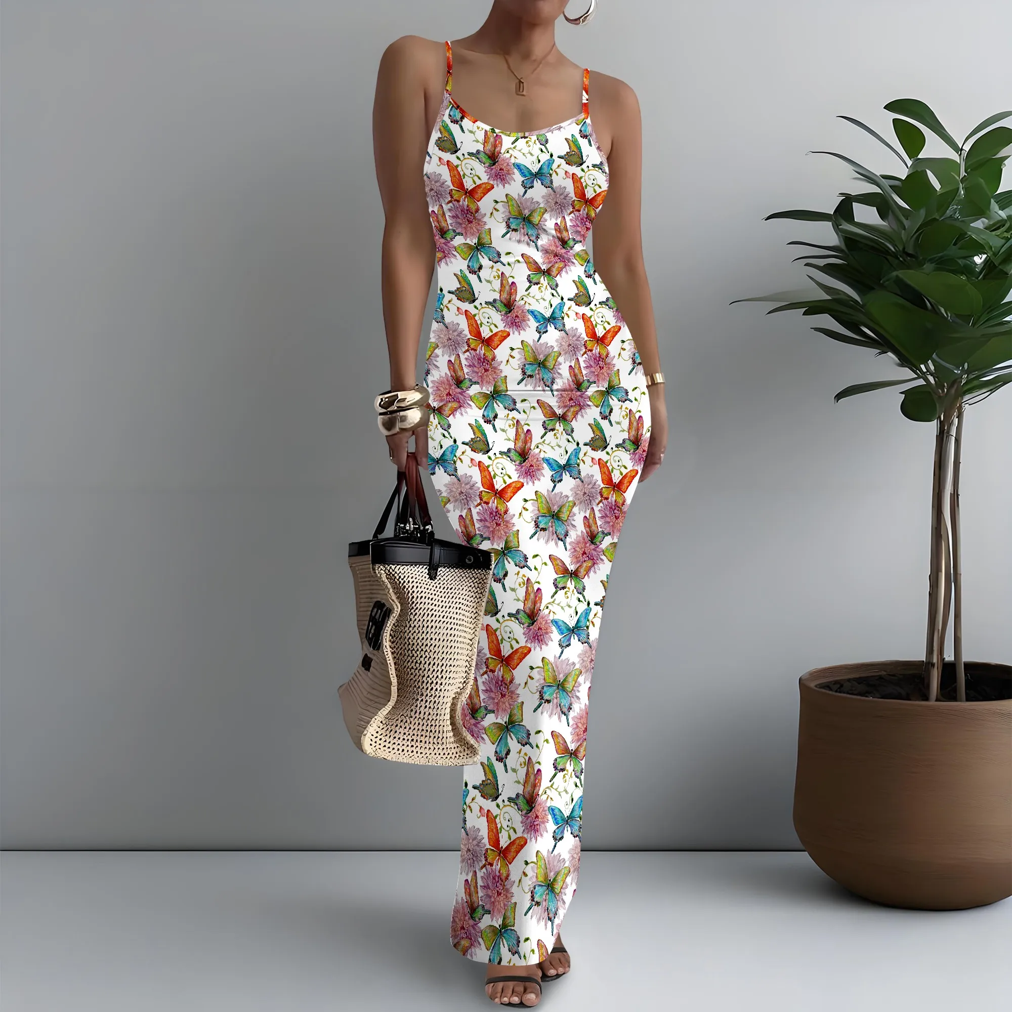 

Women's Spaghetti Strap Maxi Dress Ethereal Butterfly Print Banquet XS-3XL