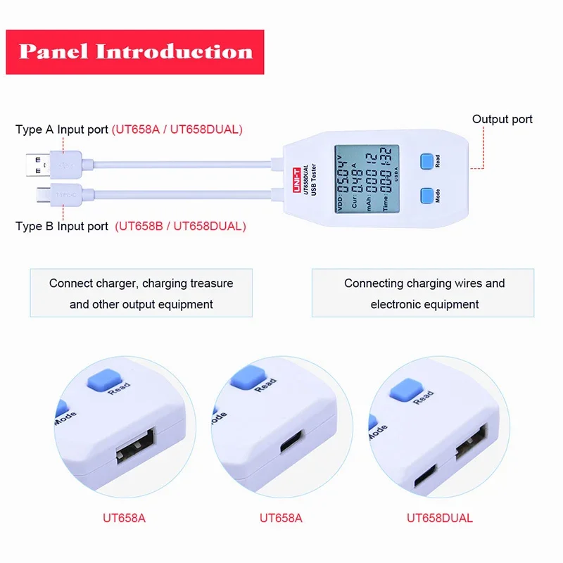 UNI-T UT658 USB Tester Charger Type A/C Interface Mobile Fast Charge Current Capacity Energy Resistance Tester USB Power Meter