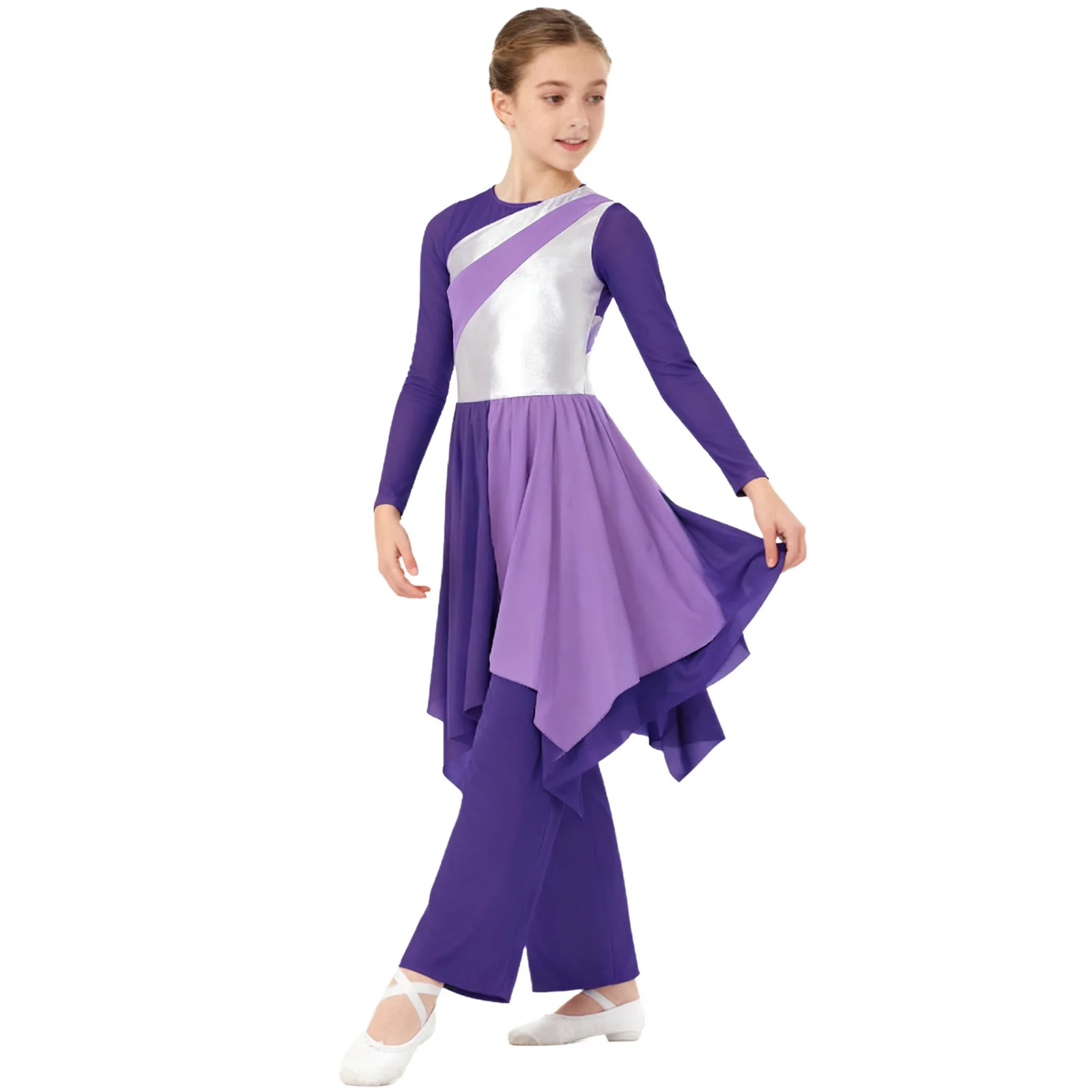 

Girls Graceful Worship Dance Set Long Sleeve Metallic Color Block Dress with Pants Praise Lyrical Dance Wear for Church Events