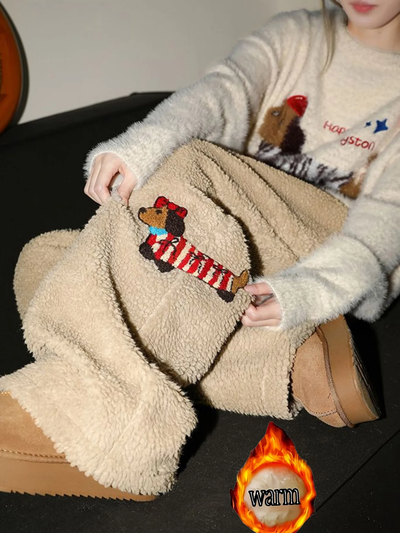 Trendy geborduurd hondenpatroon Dubbelzijdig fleece Casual Winter Nieuwe losse broek met rechte pijpen en wijde pijpen voor tieners met gevoel voor design, met fleece gevoerd en verdikt voor koudebestendigheid