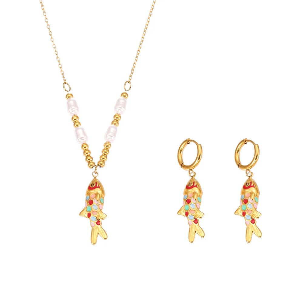 

18k gold plated Necklace Dopamine Oil-Drip lucky Koi Pearl Chain holiday Jewelry for Diving Changing Room & Palm Beach Selfie