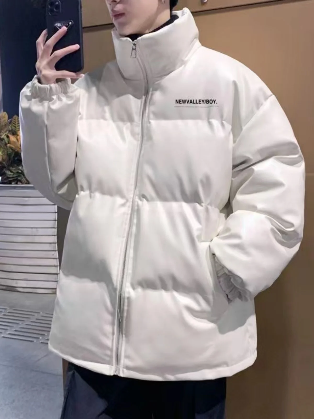 الرجال الشتاء بولي Leather الجلود الأبيض بطة أسفل سترة منفوخة الكورية فضفاض الوقوف طوق سميكة الدافئة العصرية الشباب Ins نمط أسفل معطف JK-214