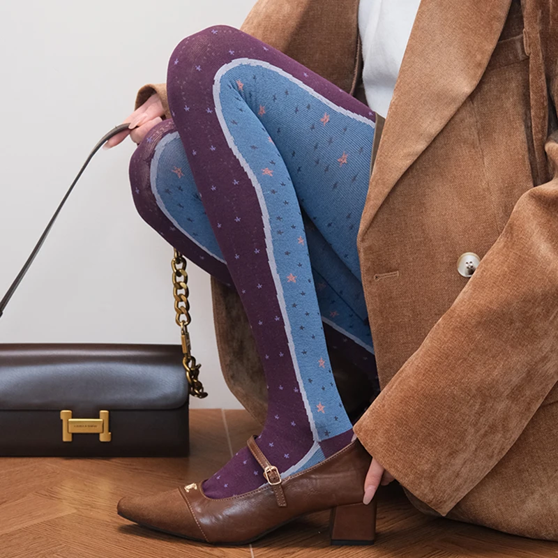 Retro Colour-block Leggings for Women: Vintage ‘Old Money’ Pantyhose Autumn/Winter Stretchy Warm Tights, Fashion Essentials