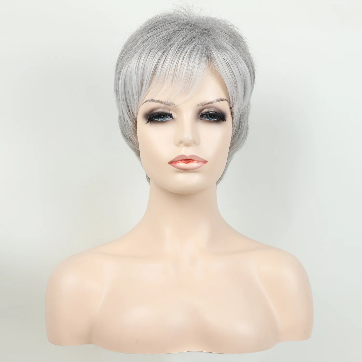 Granny Grey Wig Side Part Short Straight Hair For Middle-Aged Breathable Wig Synthetic Fiber High Temperature Silk Head Cover