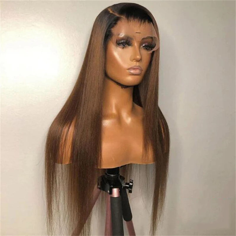 Peruca dianteira reta longa do laço para mulheres negras, 26 Polegada, Ombre Brown, macio, 180% Densidade, cabelo do bebê, sem cola, pré-arrancado, diário