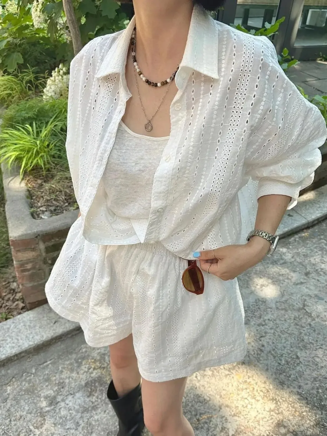 

Women's Summer White Embroidery Sunproof Two 2 Piece Shorts Set Loose Single Breasted Full Sleeve Shirts and High Waist Shorts