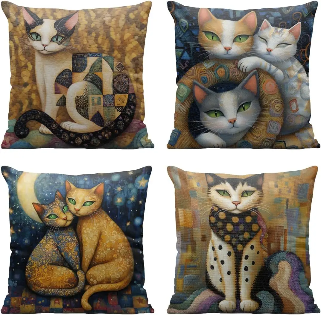 4PCS Cat Lovers Throw Pillow Covers Set Boho Chic Artistic Kitten Cushion Pillow for Sofa Home Decor Polyester Print Gifts