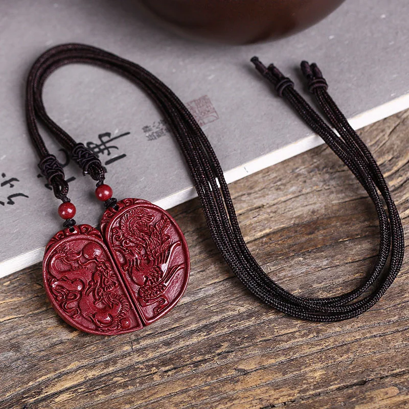 Natural cinnabar Longfeng pendant lovers a pair of token of love high content purple sand pendant