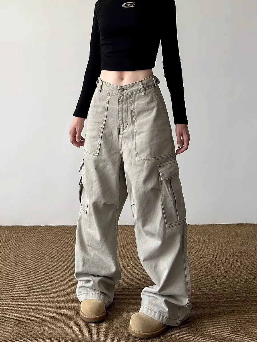 Dames Grijze Pocket Cargo Baggy Jeans Y2K Japanse Harajuku Mode Hoge Taille 2000s Losse Wijde Pijpen Retro Broek Jeans Kleding