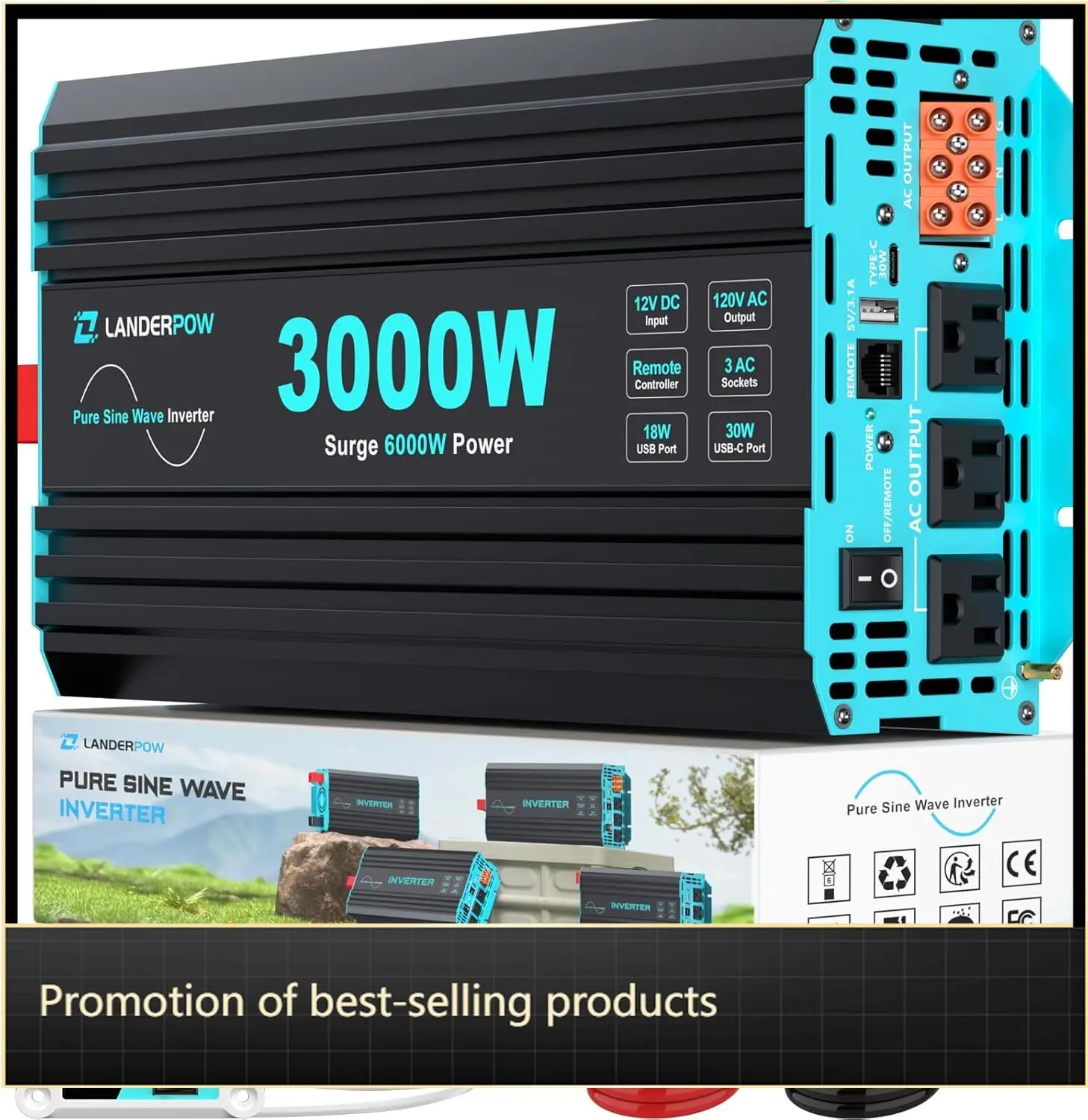 

Pure Sine Wave Power Inverter 12V DC To 120V AC 3000W Surge 6000W With 3 AC Outlet 30W USB C 5V 3.1A USB Hardwire Port Remote Co