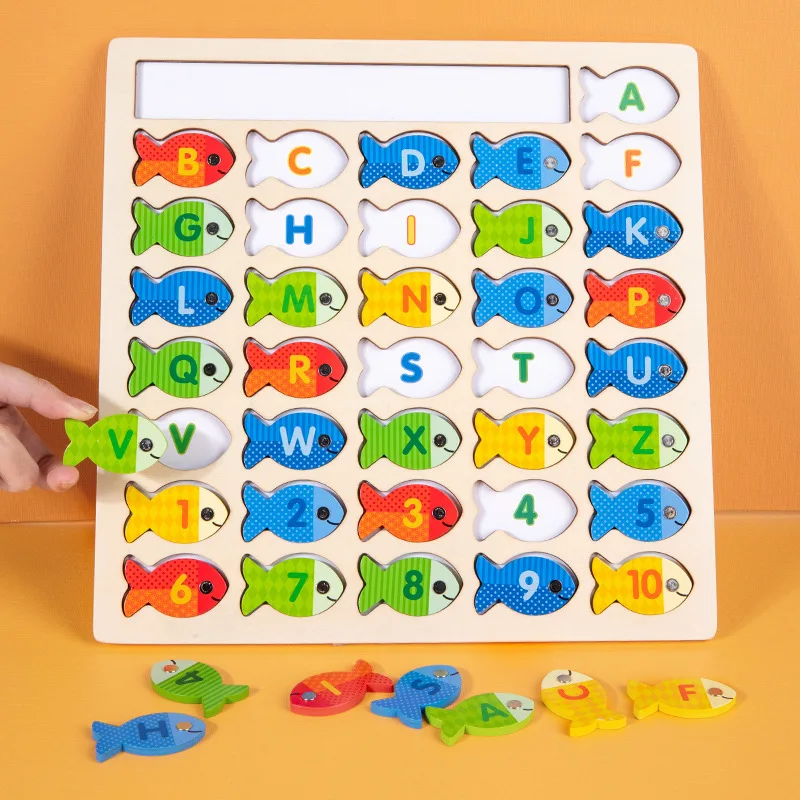 

Wooden Fishing Educational Puzzle Board Letter Number Puzzle Color Pairing Letter Cognition Fishing Game Birthday Gifts