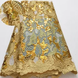Gold African Guipure Lace Fabric 2025 High Quality 5 Yards Nigerian Sequins Cord Lace Fabric Elegant Dress for Women A4058