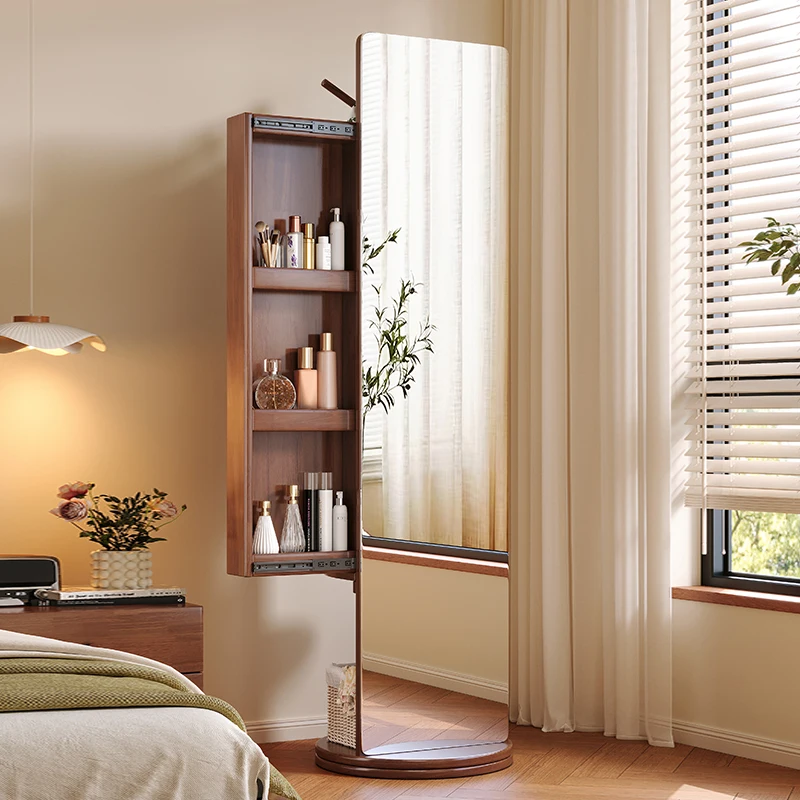 Solid wood full-length mirror full-body floor mirror household bedroom rotatable mirror hanging hanger cosmetic cabinet