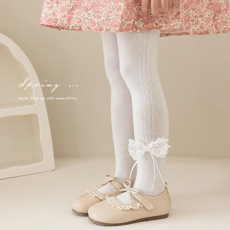 Cute Girls Solid Color Breathable Tights With Long Streamer Ribbon Lace Bow Decor Soft Elastic Pantyhose For Daily Wear Outfits