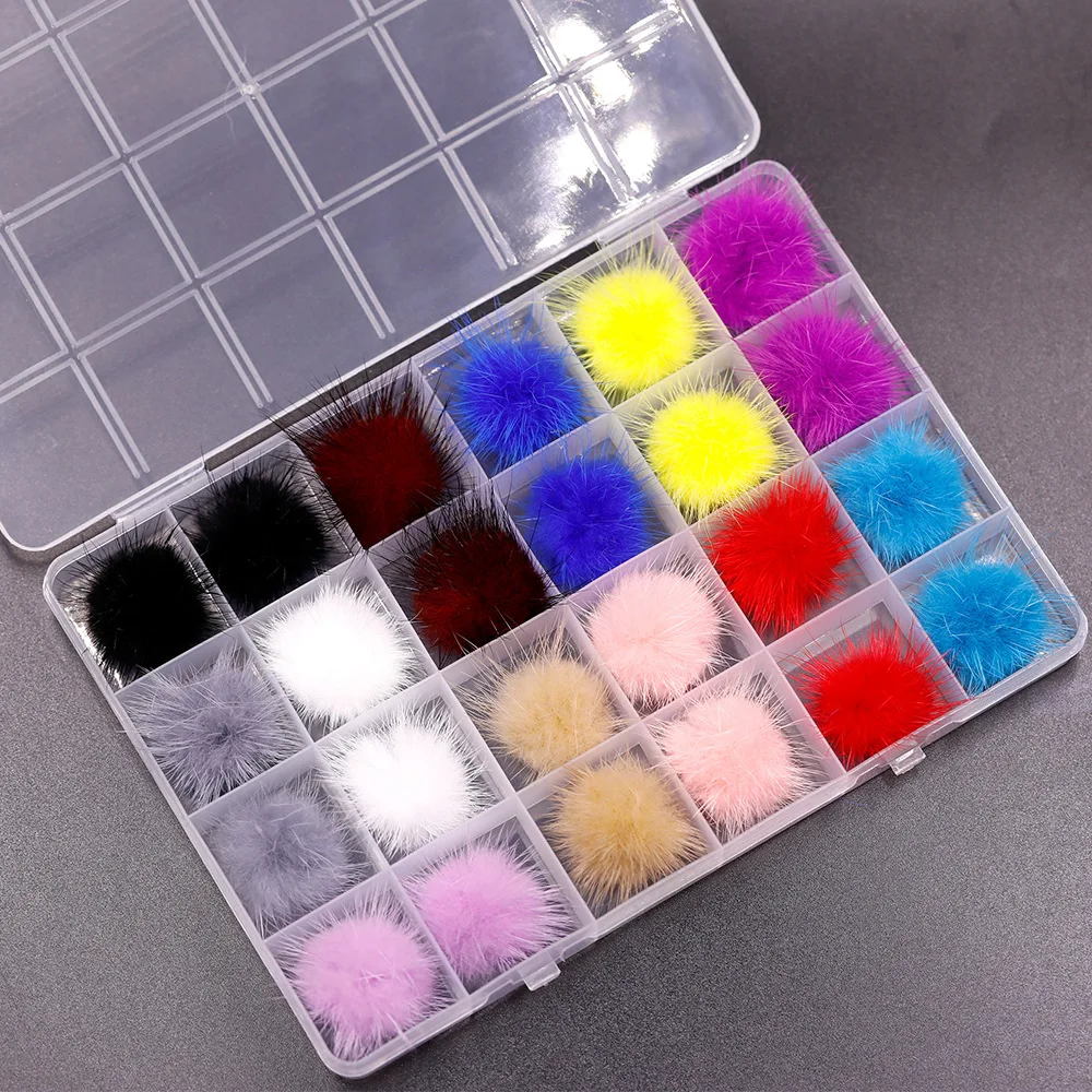 24PCS/Box Detachable Magnet Ball Fluffy 3D 12Colors 27*27mm Puffy Pom Pons Kit Jewelry Manicure Accessories DIY Nails Charms