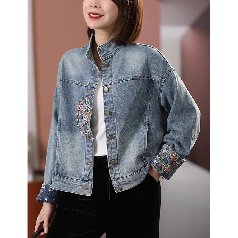 New Autumn Women's Denim Jacket Fashion All-match Embroidered Graphic Jeans Jackets Women Casual Loose Denim Windbreaker Female