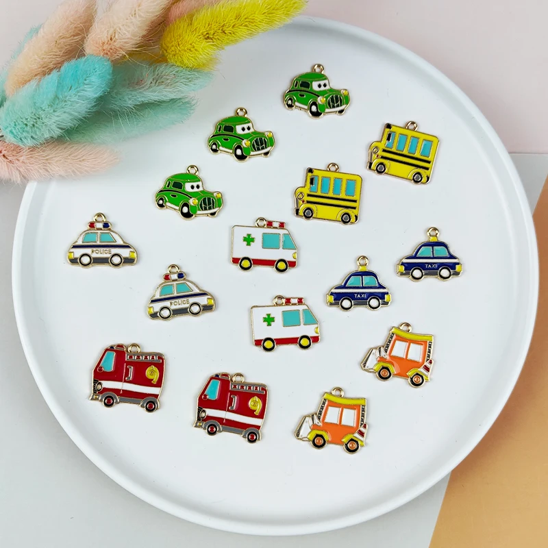 10pcs Cartoon Car Enamel Metal Charms School Bus taxi Pendants For Jewelry Making Cute Earring Dangle Wholesale