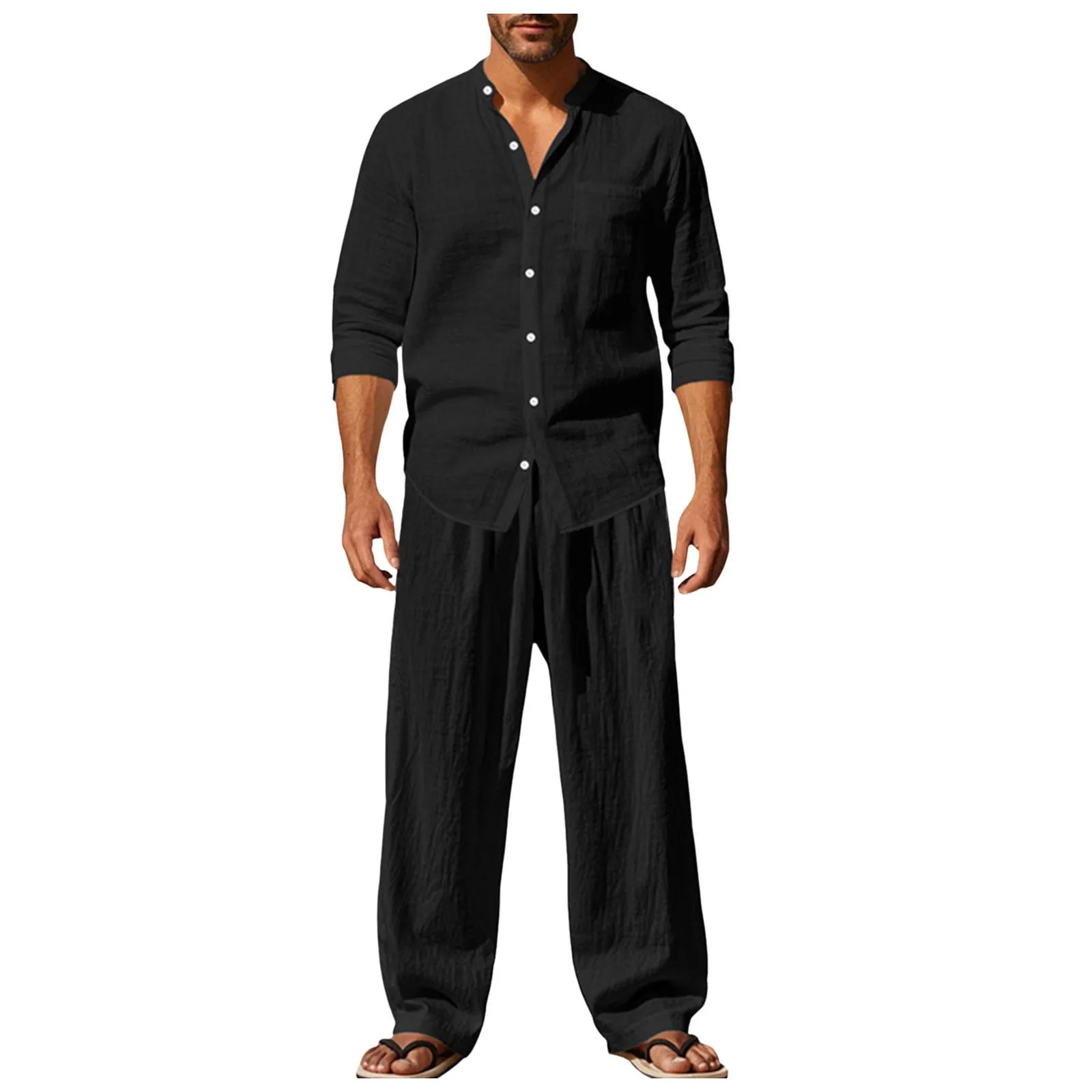 

Men Summer Suits Men's 2 Piece Cotton Set Long Sleeve Shirt Beach Pants Summer Yoga Outfits Swim Suites Men