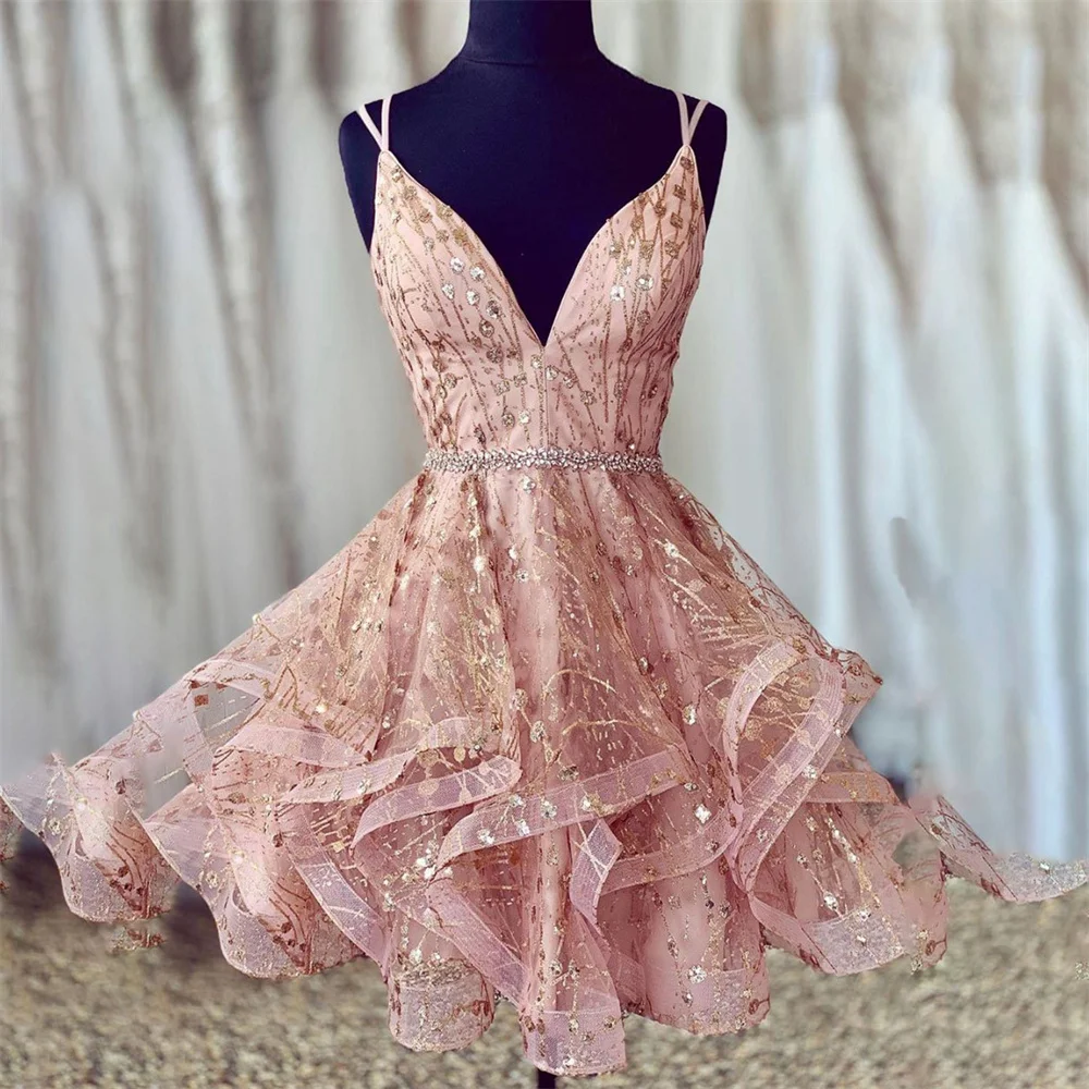 Vestido de noche de tul con cuello en V para mujer, con tirantes finos de baile minivestido, vestido de regreso a casa, color rosa Lirio