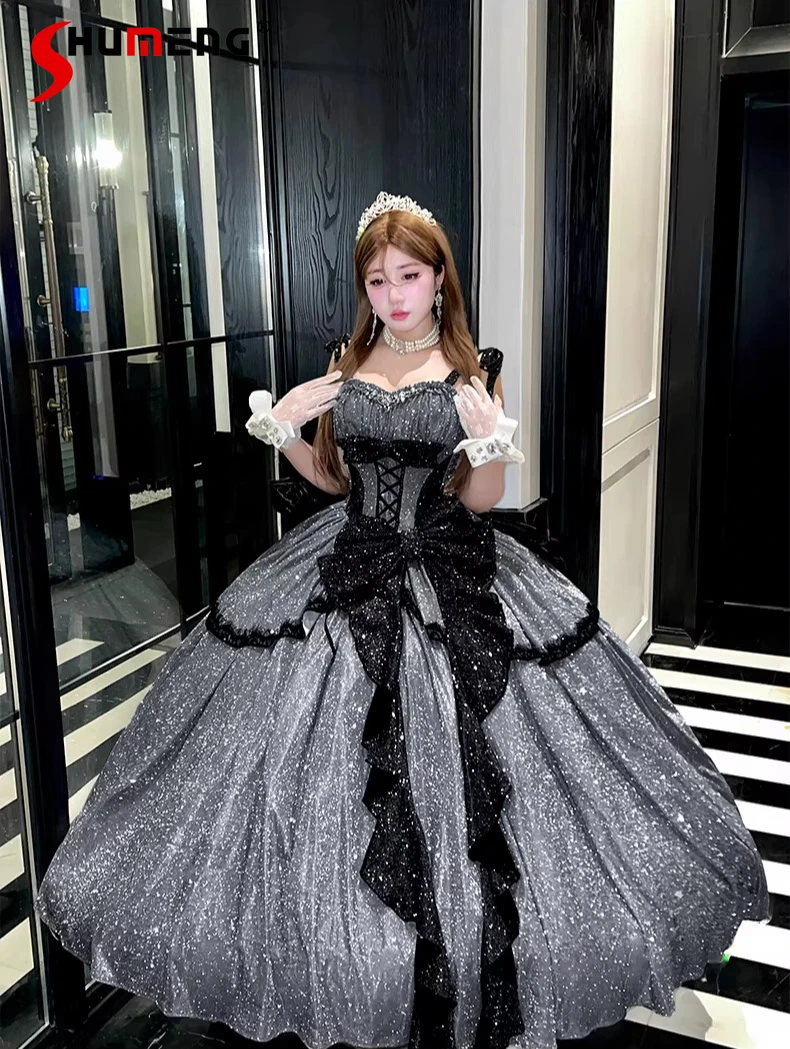 

Princess Sweet Maxi Dress Spring Summer Women's High-waisted Slimming Elegant Shiny Evening Dress Big Bow Lady Party Ball Gown