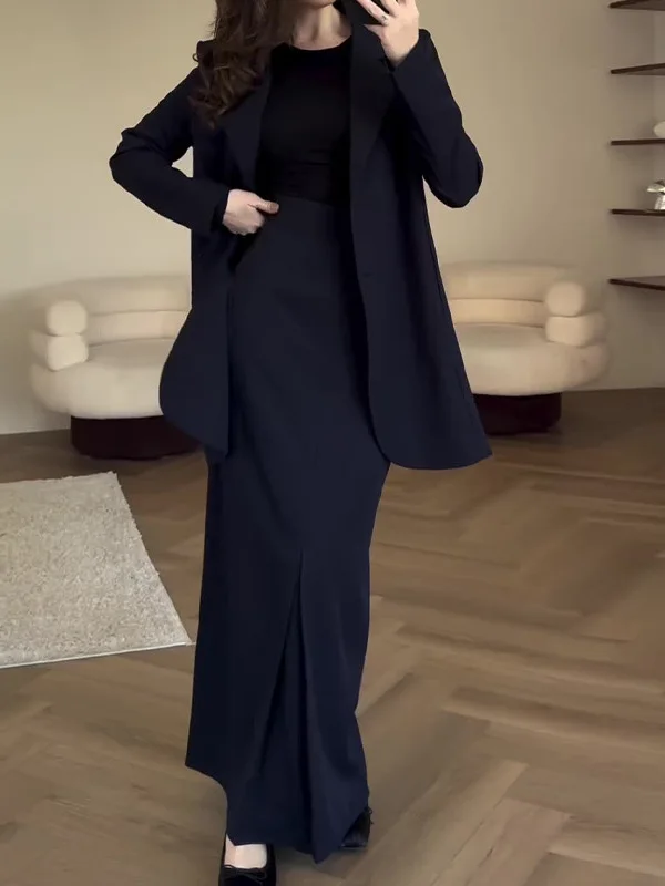 

Чистый цвет с высокой талией, комплект с поясом на талии и юбкой для женщин, осенний модный комплект из двух предметов для поездок на работу, длинный свек