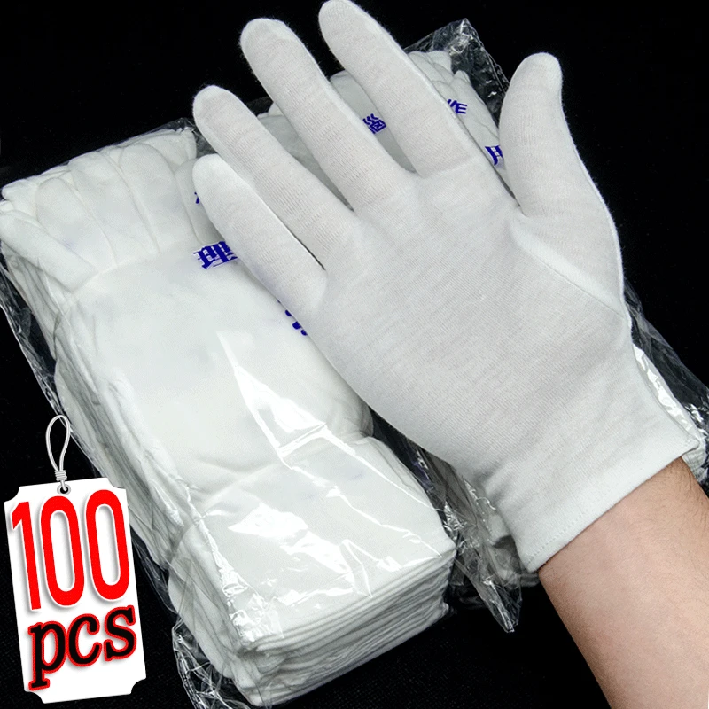 

100PCS Etiquette White Cotton Gloves High Stretch Work Gloves Film SPA Jewelry Mittens Sweat Absorption Household Cleaning Tools