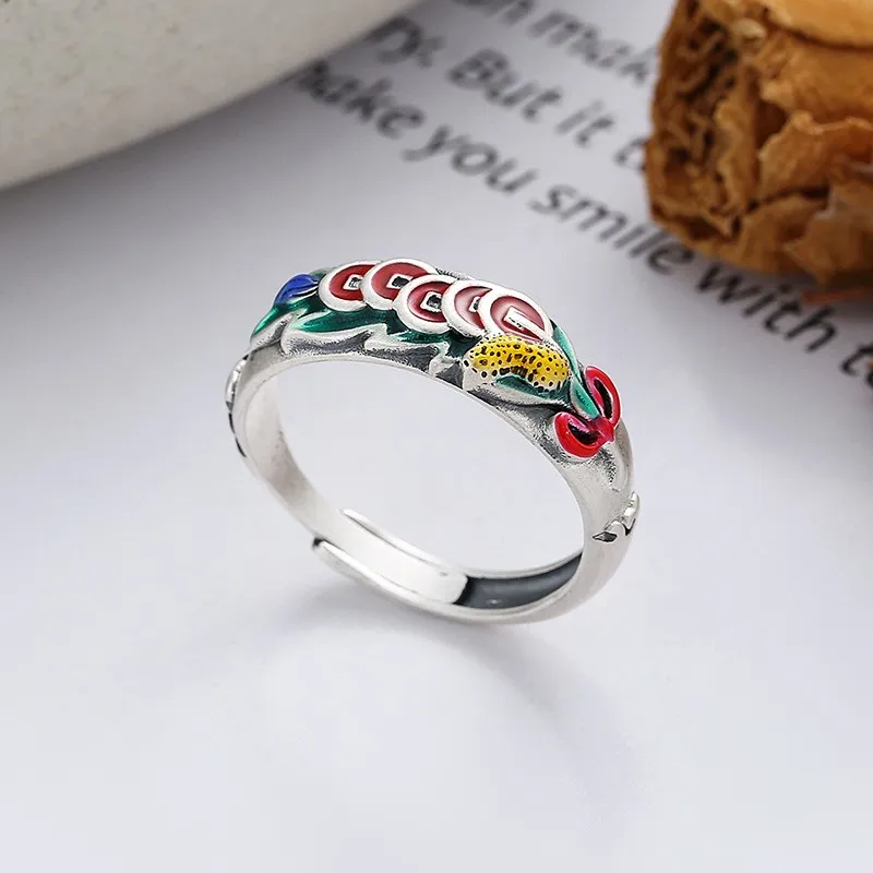 776J ZFSILVER Silver 925 Fashion Trendy Adjustable Fresh Retro Lovely Enamel Peanut Money Coins Rings Women Wedding Jewelry Gift