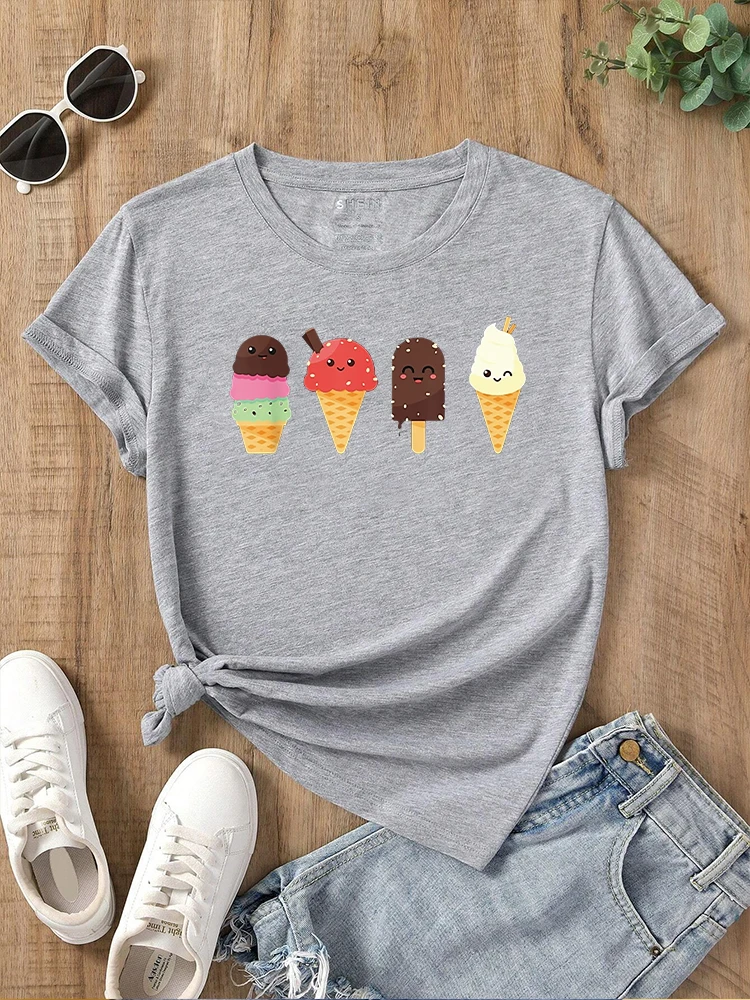 2024 New Summer Ice Cream Enthusiast T-shirt Fun Cartoon Ice Cream Pattern Printed Round Neck Women's T-shirt - view 3