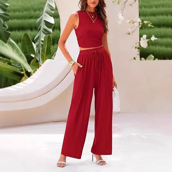 

Женские повседневные широкие брюки, весна-лето, длинный свободный жилет с эластичной резинкой на талии, комплект футболки-четви Све, цвет сращивания Proc