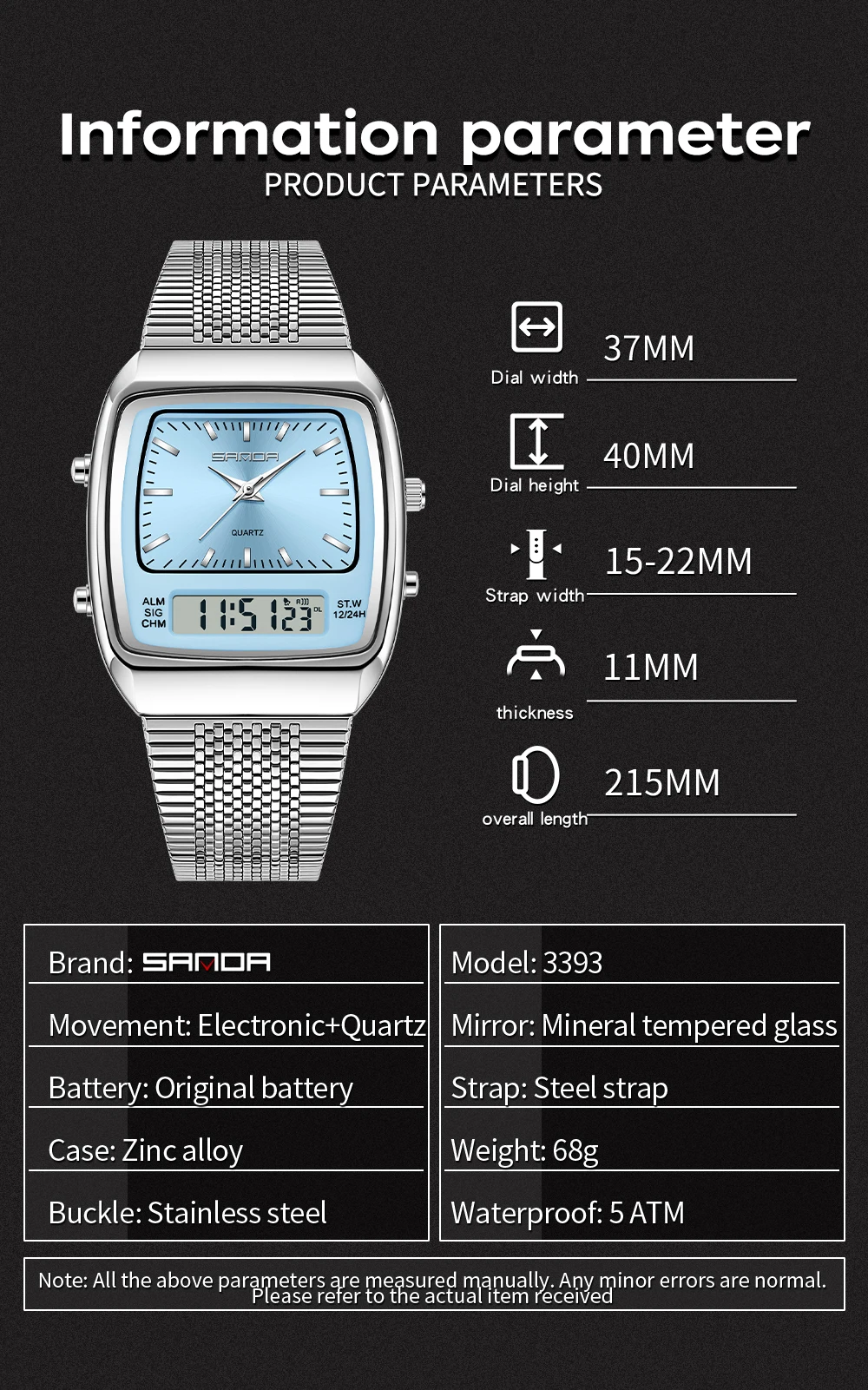 SANDA 3393 Men's Electronic Quartz Watch Fashion Multifunction