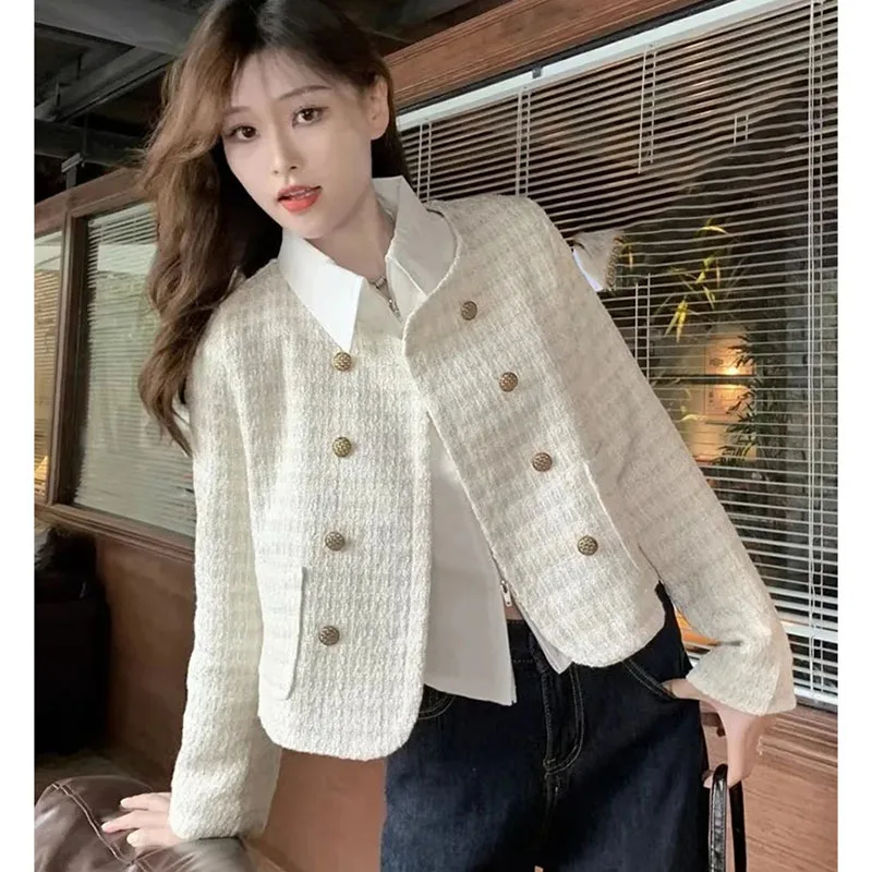 Female New Long Sleeves Coat Spring Autumn Women Round Neck Short Outwear Fashion Ladies Solid Color Rough Flowers Jacket