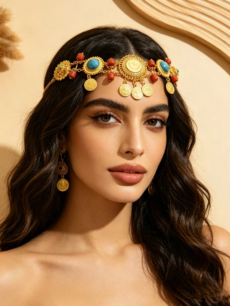 Middle Eastern Retro Coin Tassel Head Chain Inlaid Turquoise Red Coral Beads Women Bridal Forehead Jewelry
