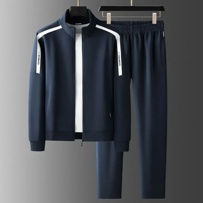 Men Stand Collar Zip Up Sweatshirt Set Striped Sleeve Straight Pants Two Piece Loose Slim Casual Sports Tracksuit