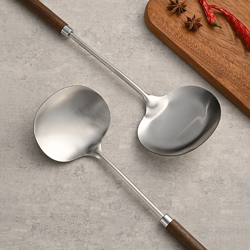 Łopatka do woka ze stali nierdzewnej, specjalna dla szefa kuchni, drewniana długa rączka, łopatka do grzybów, przybory kuchenne do gotowania.